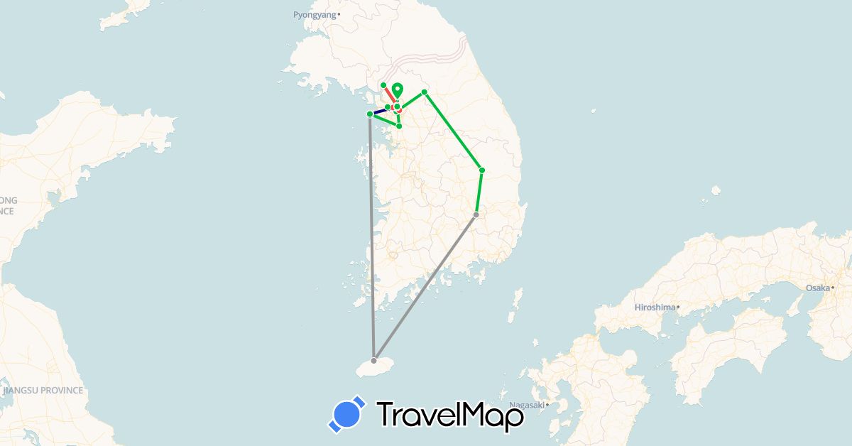 TravelMap itinerary: driving, bus, plane, hiking in South Korea (Asia)